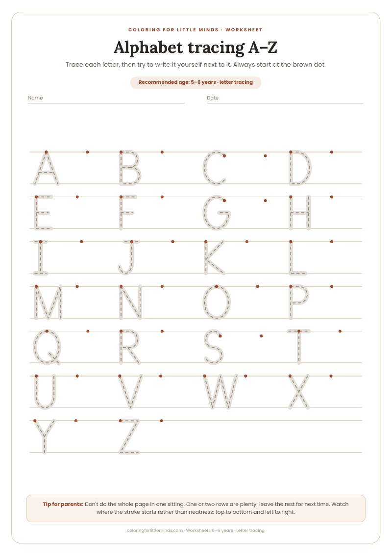 Alphabet tracing A–Z – worksheet for ages 5–6, preview