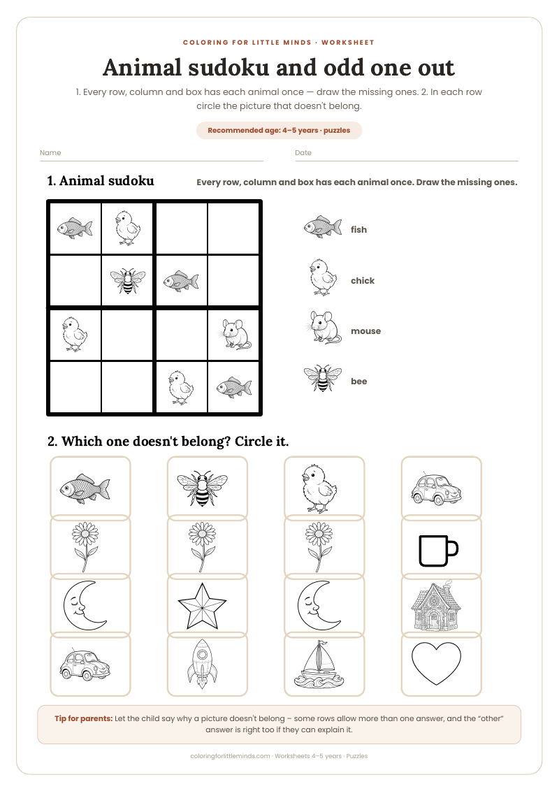 Animal sudoku and odd one out – worksheet for ages 4–5, preview