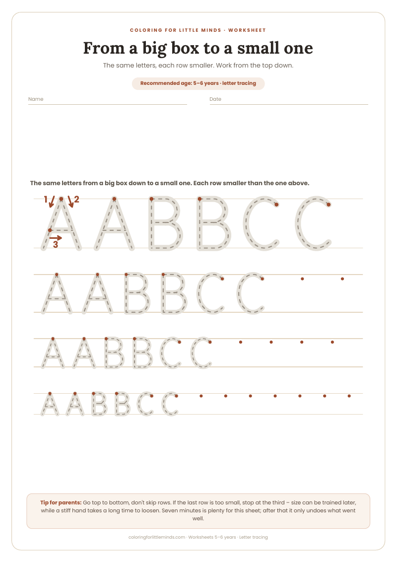 From a big box to a small one – worksheet for ages 5–6, preview