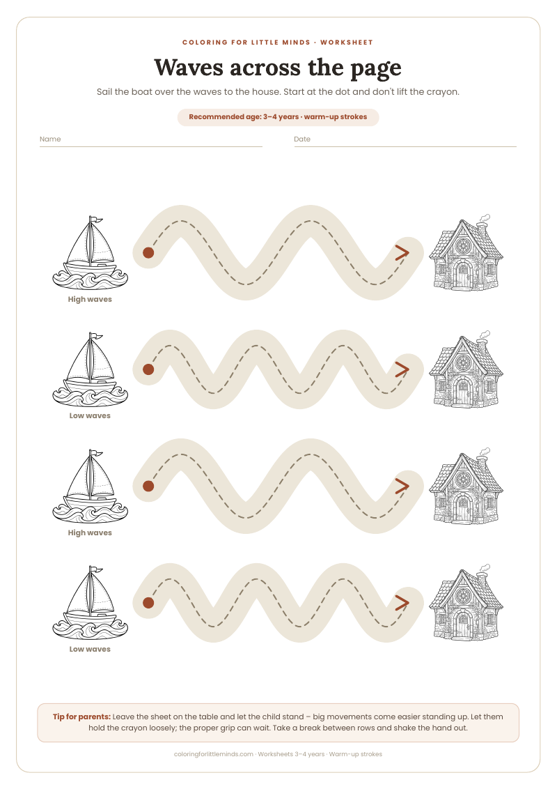 Waves across the page – worksheet for ages 3–4, preview