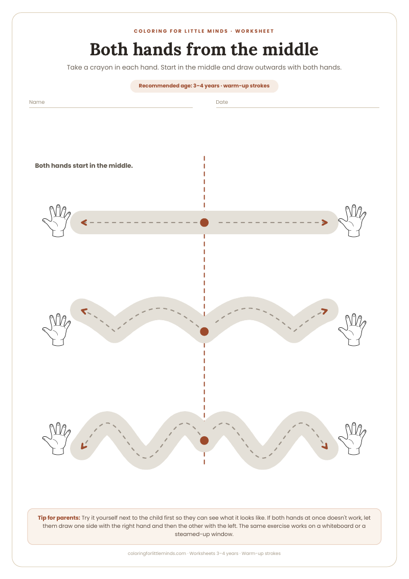 Both hands from the middle – worksheet for ages 3–4, preview