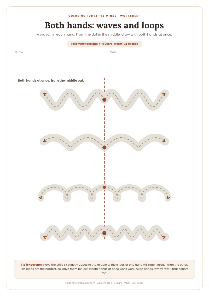 Both hands: waves and loops – worksheet for ages 4–5, preview