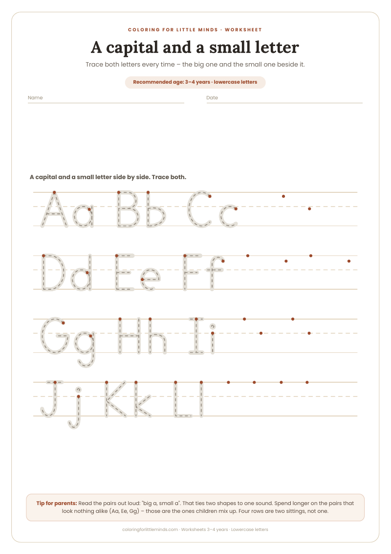 A capital and a small letter – worksheet for ages 3–4, preview
