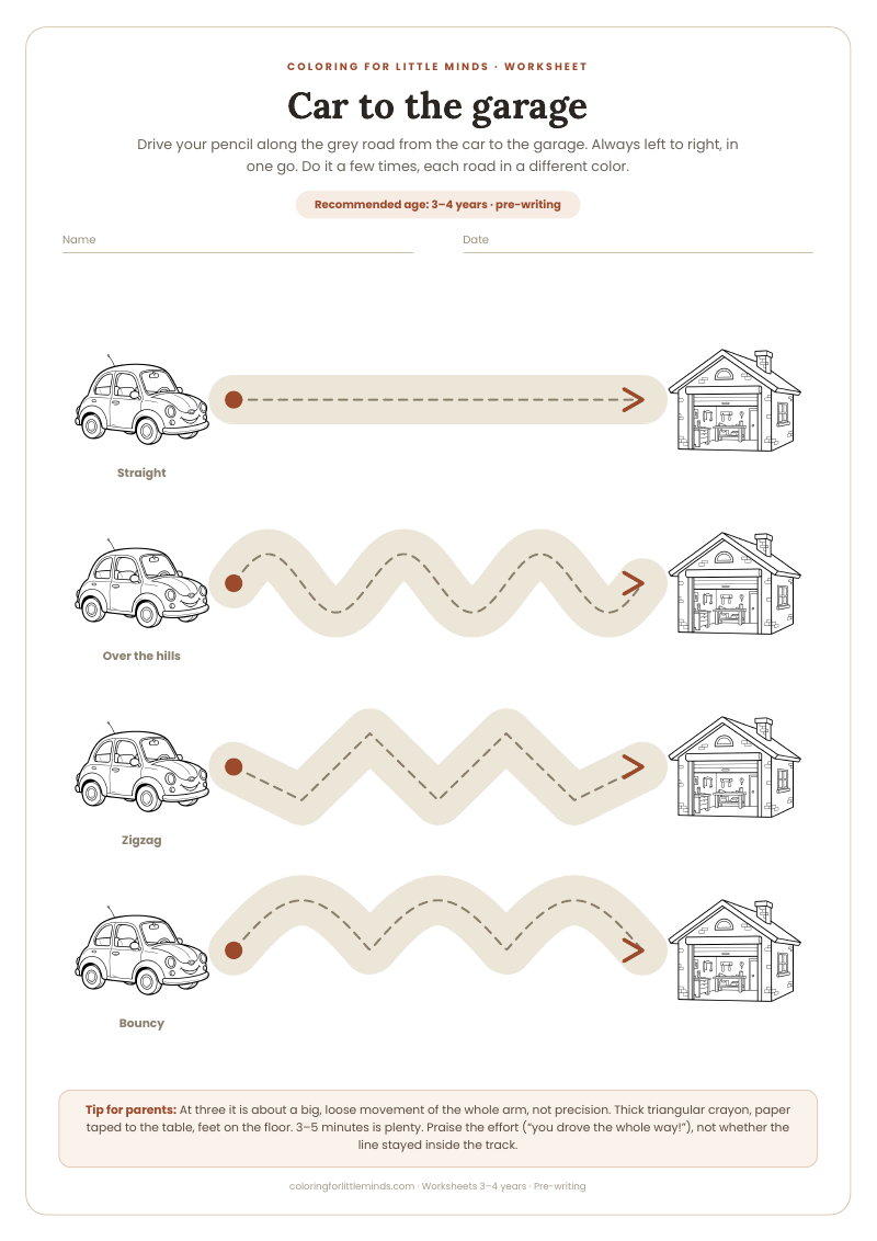 Car to the garage – worksheet for ages 3–4, preview