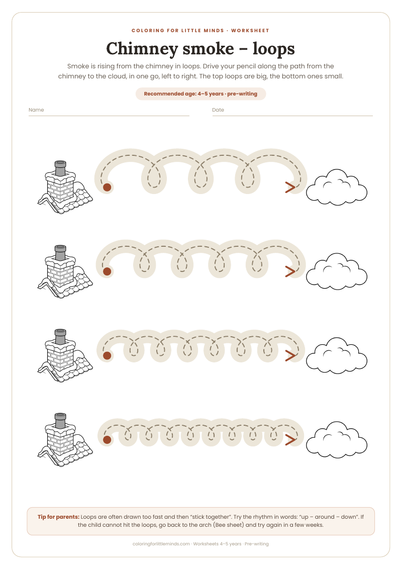 Chimney smoke – loops – worksheet for ages 4–5, preview