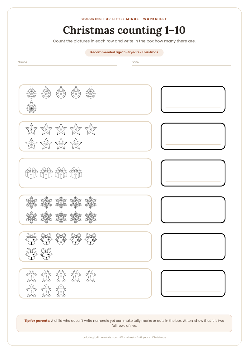 Christmas counting 1–10 – worksheet for ages 5–6, preview