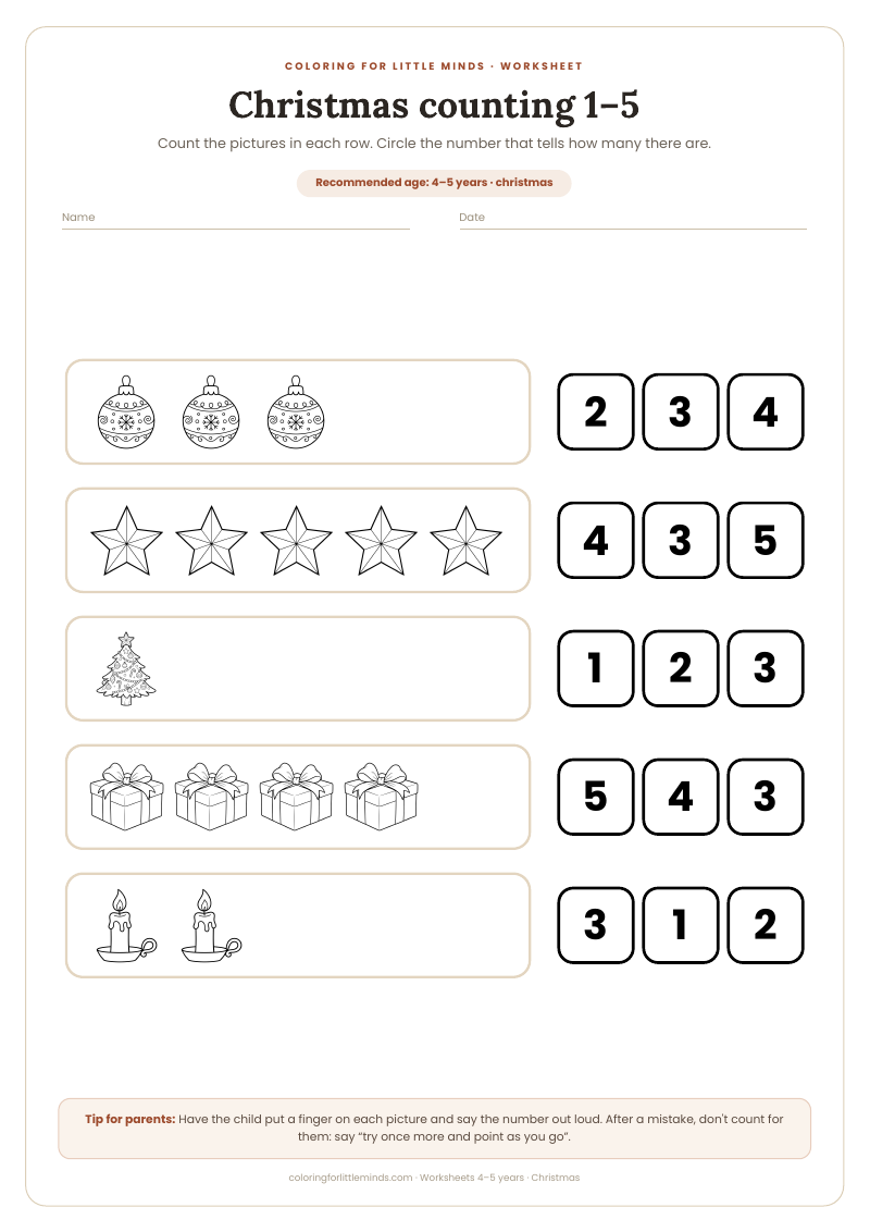 Christmas counting 1–5 – worksheet for ages 4–5, preview