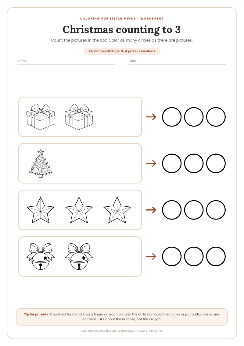Christmas counting to 3 – worksheet for ages 3–4, preview