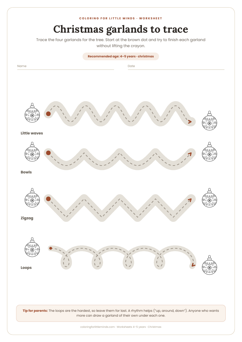 Christmas garlands to trace – worksheet for ages 4–5, preview