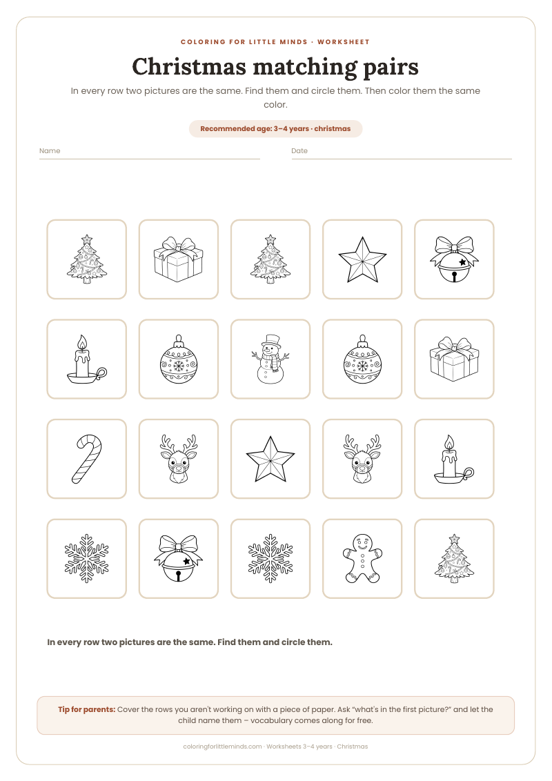 Christmas matching pairs – worksheet for ages 3–4, preview