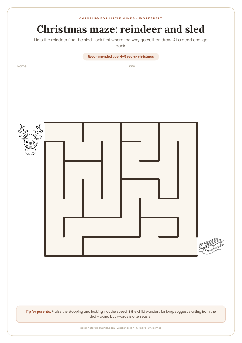 Christmas maze: reindeer and sled – worksheet for ages 4–5, preview