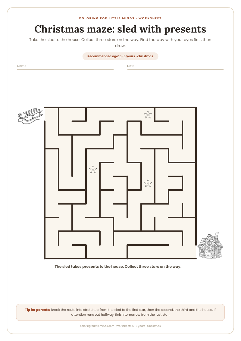 Christmas maze: sled with presents – worksheet for ages 5–6, preview