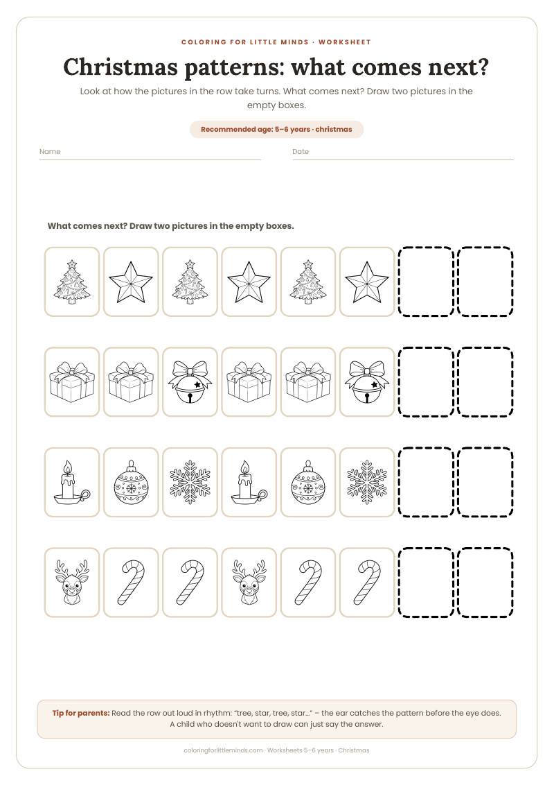 Christmas patterns: what comes next? – worksheet for ages 5–6, preview