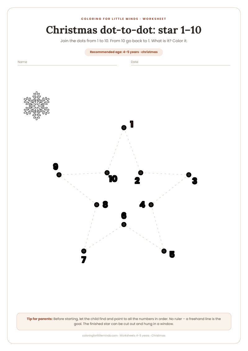 Christmas dot-to-dot: star 1–10 – worksheet for ages 4–5, preview