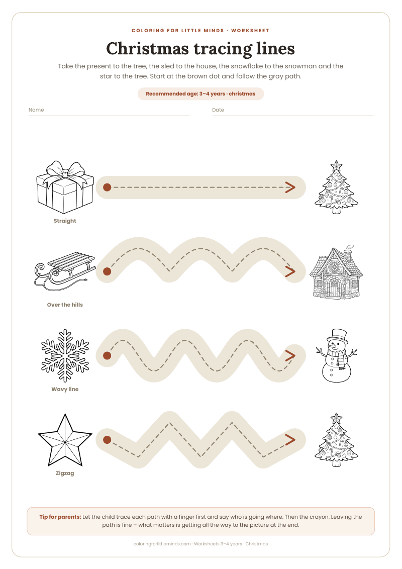 Christmas tracing lines – worksheet for ages 3–4, preview
