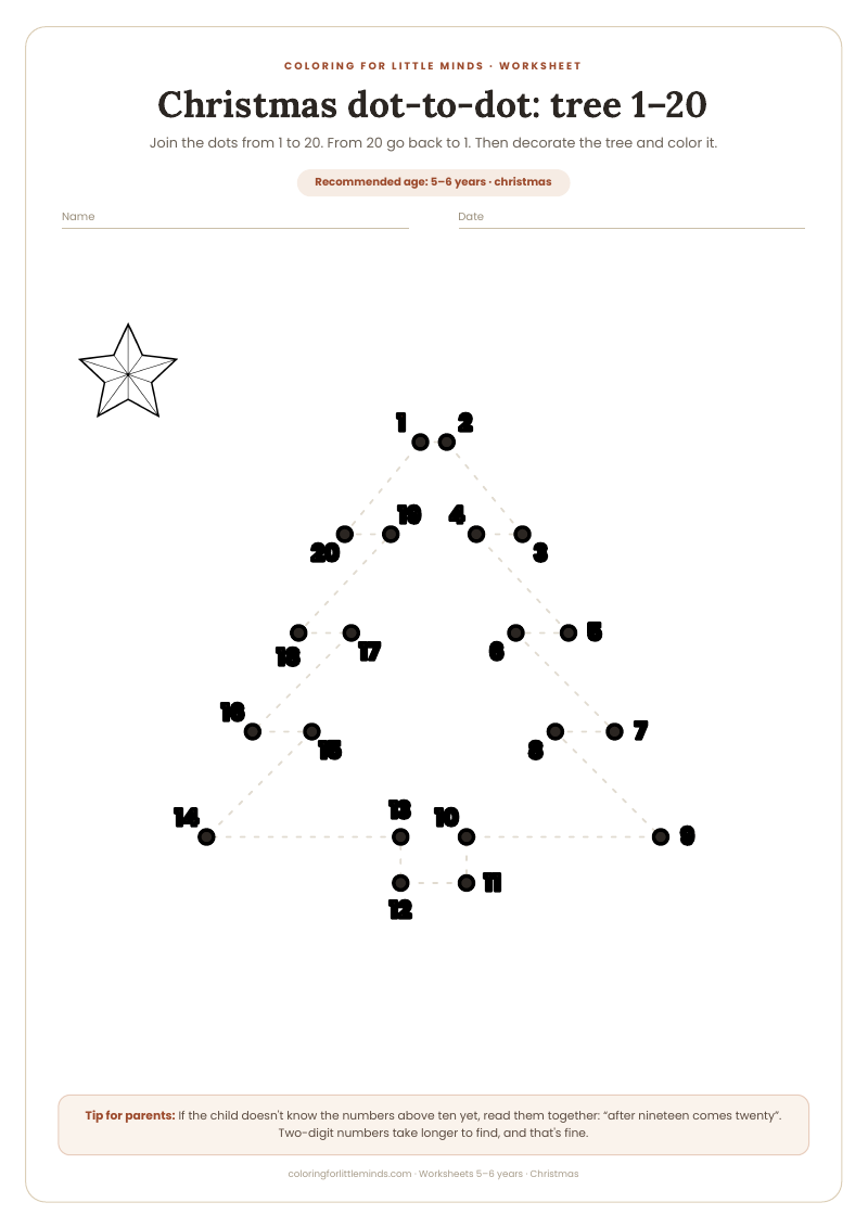 Christmas dot-to-dot: tree 1–20 – worksheet for ages 5–6, preview