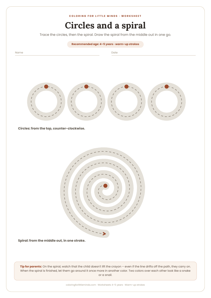 Circles and a spiral – worksheet for ages 4–5, preview