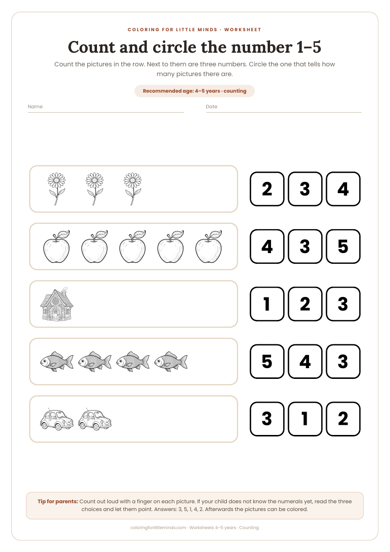 Count and circle the number 1–5 – worksheet for ages 4–5, preview