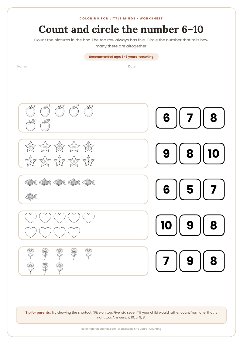 Count and circle the number 6–10 – worksheet for ages 5–6, preview