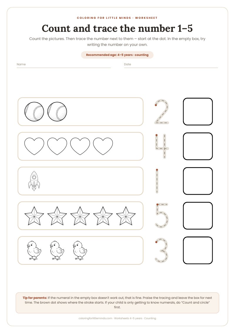 Count and trace the number 1–5 – worksheet for ages 4–5, preview
