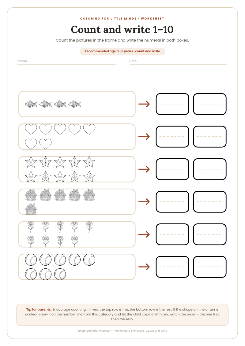 Count and write 1–10 – worksheet for ages 5–6, preview