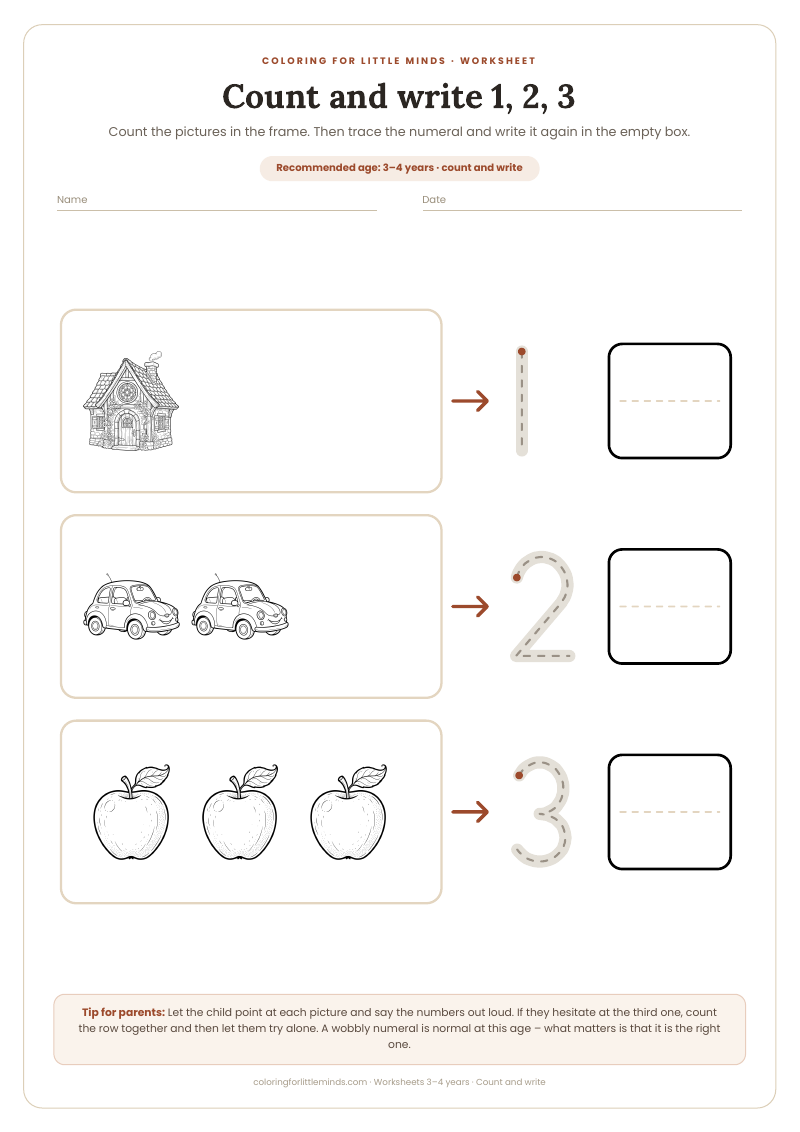 Count and write 1, 2, 3 – worksheet for ages 3–4, preview