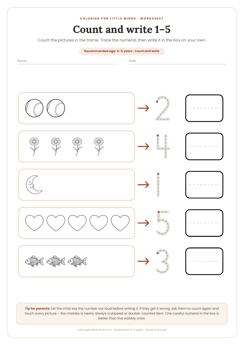 Count and write 1–5 – worksheet for ages 4–5, preview