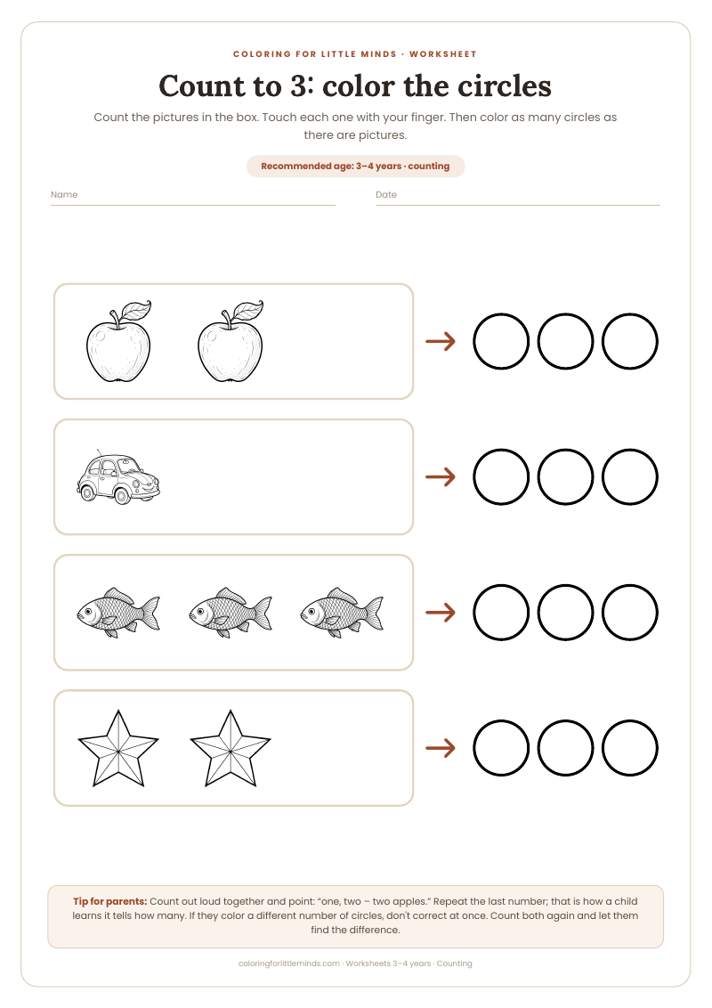 Count to 3: color the circles – worksheet for ages 3–4, preview
