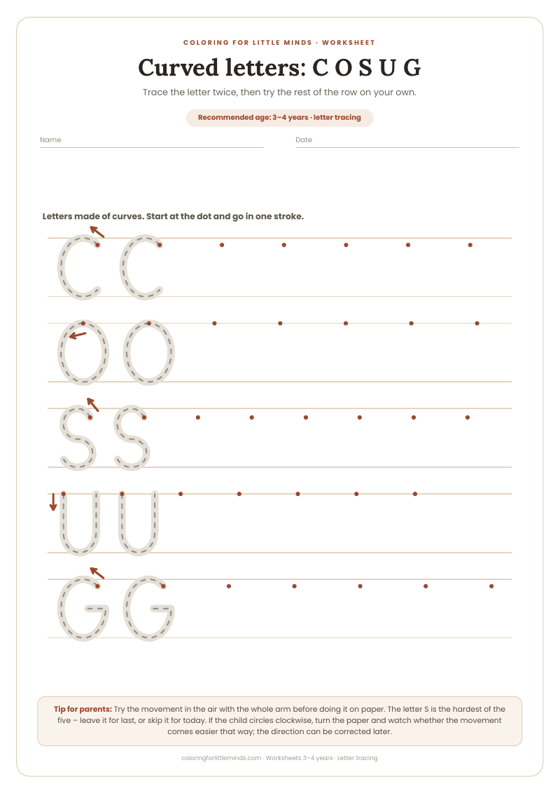 Curved letters: C O S U G – worksheet for ages 3–4, preview