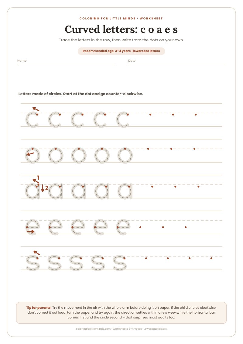 Curved letters: c o a e s – worksheet for ages 3–4, preview