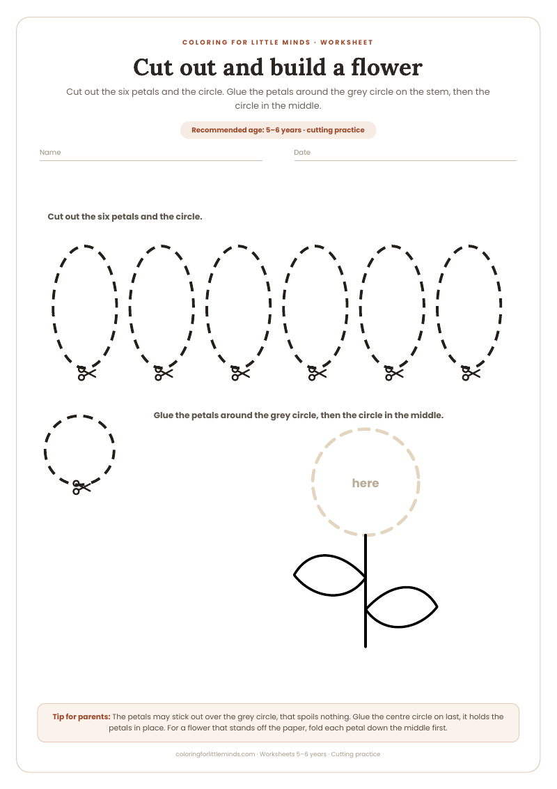 Cut out and build a flower – worksheet for ages 5–6, preview