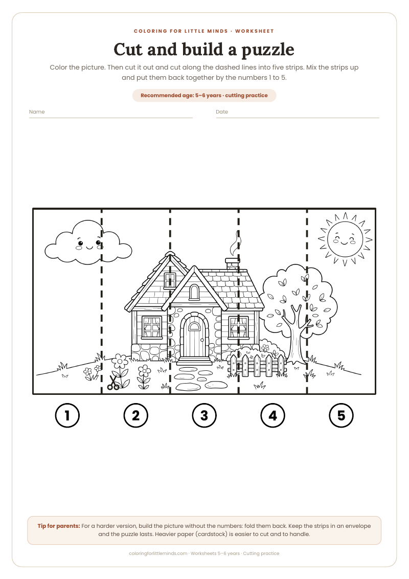 Cut and build a puzzle – worksheet for ages 5–6, preview