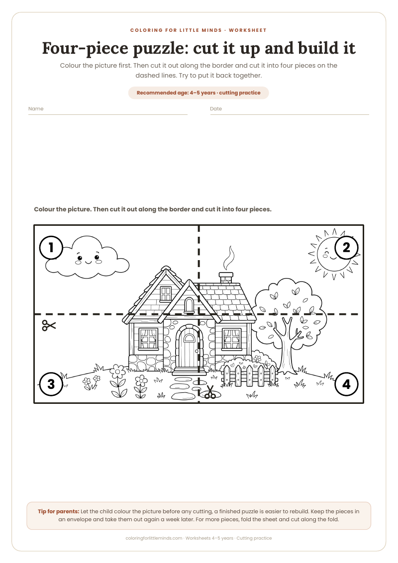Four-piece puzzle: cut it up and build it – worksheet for ages 4–5, preview