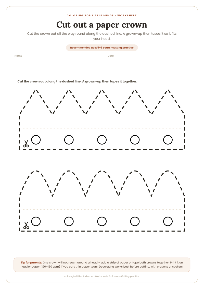 Cut out a paper crown – worksheet for ages 5–6, preview