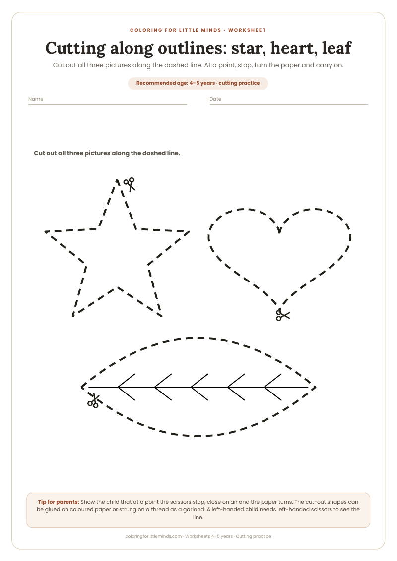 Cutting along outlines: star, heart, leaf – worksheet for ages 4–5, preview