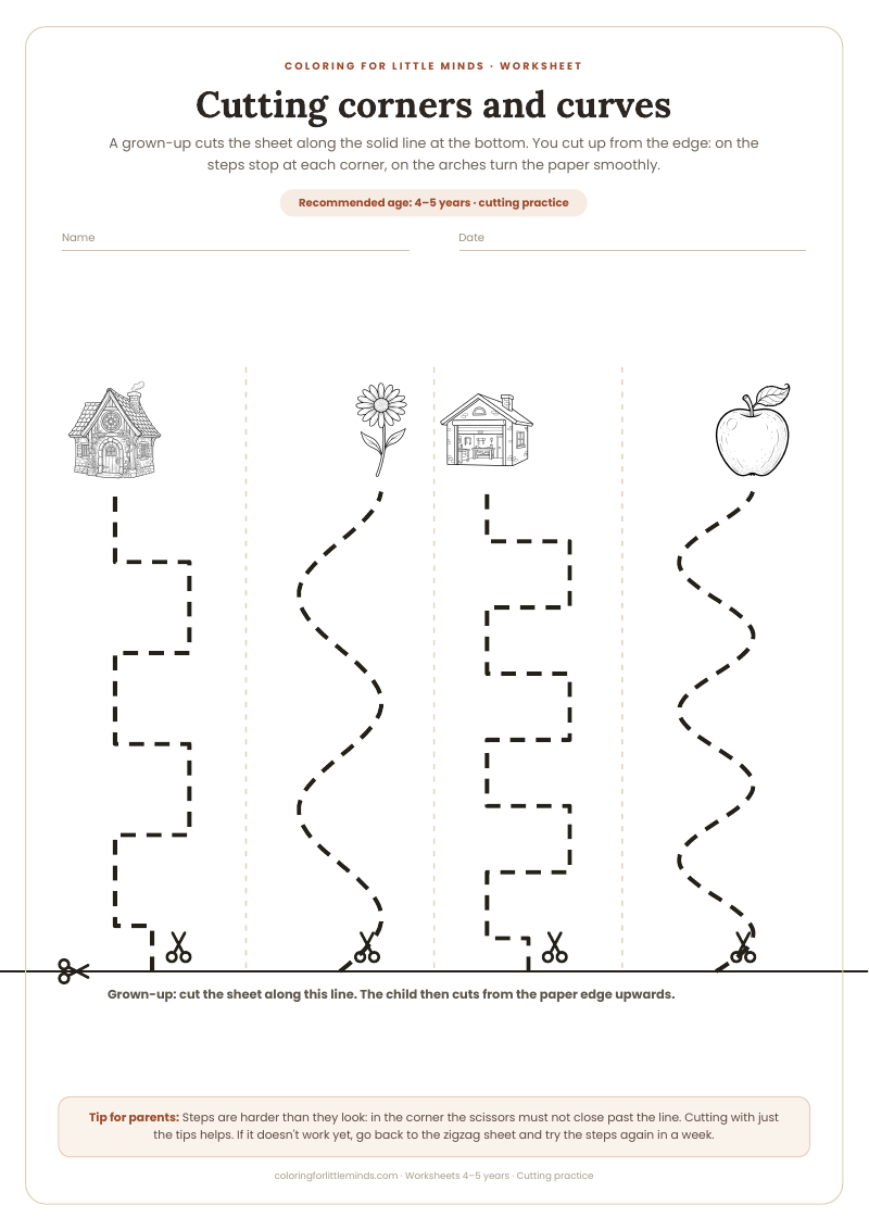 Cutting corners and curves – worksheet for ages 4–5, preview