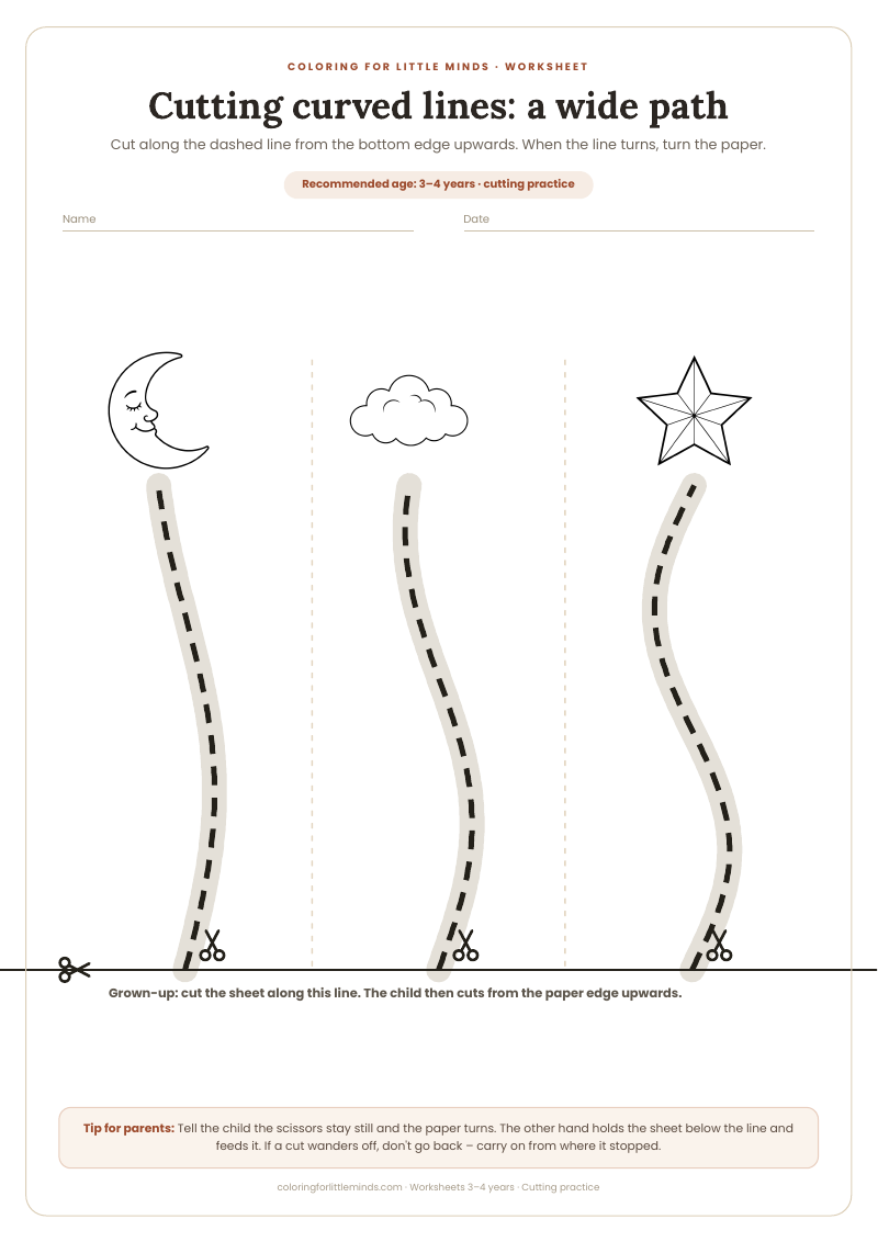 Cutting curved lines: a wide path – worksheet for ages 3–4, preview