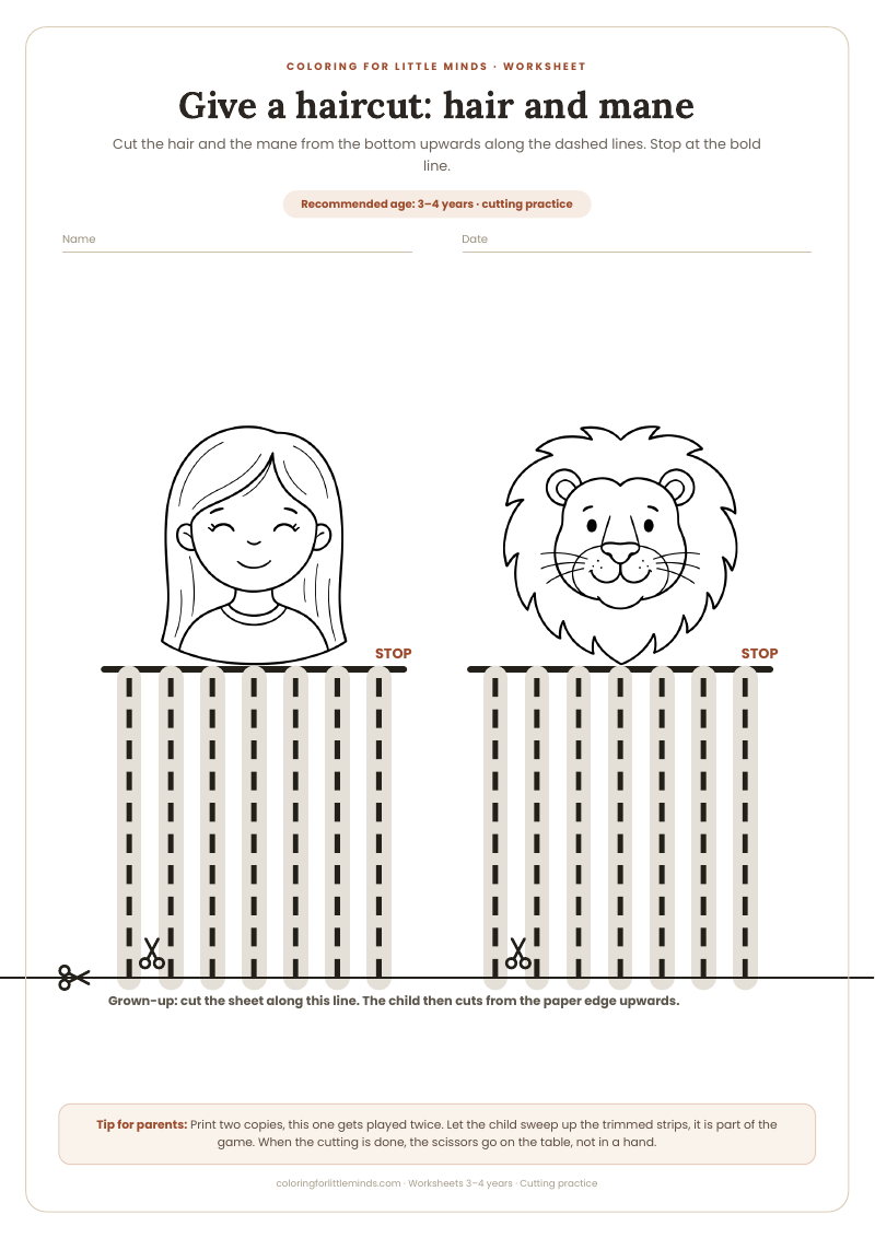 Give a haircut: hair and mane – worksheet for ages 3–4, preview