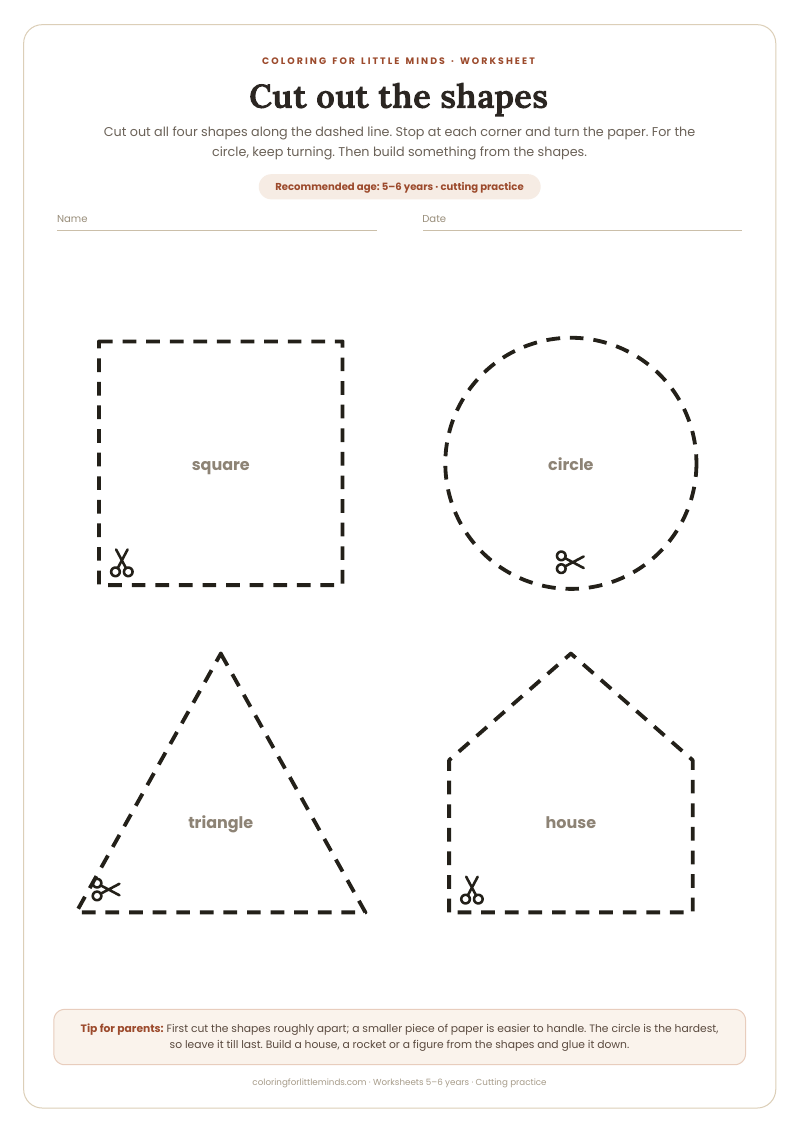 Cut out the shapes – worksheet for ages 5–6, preview