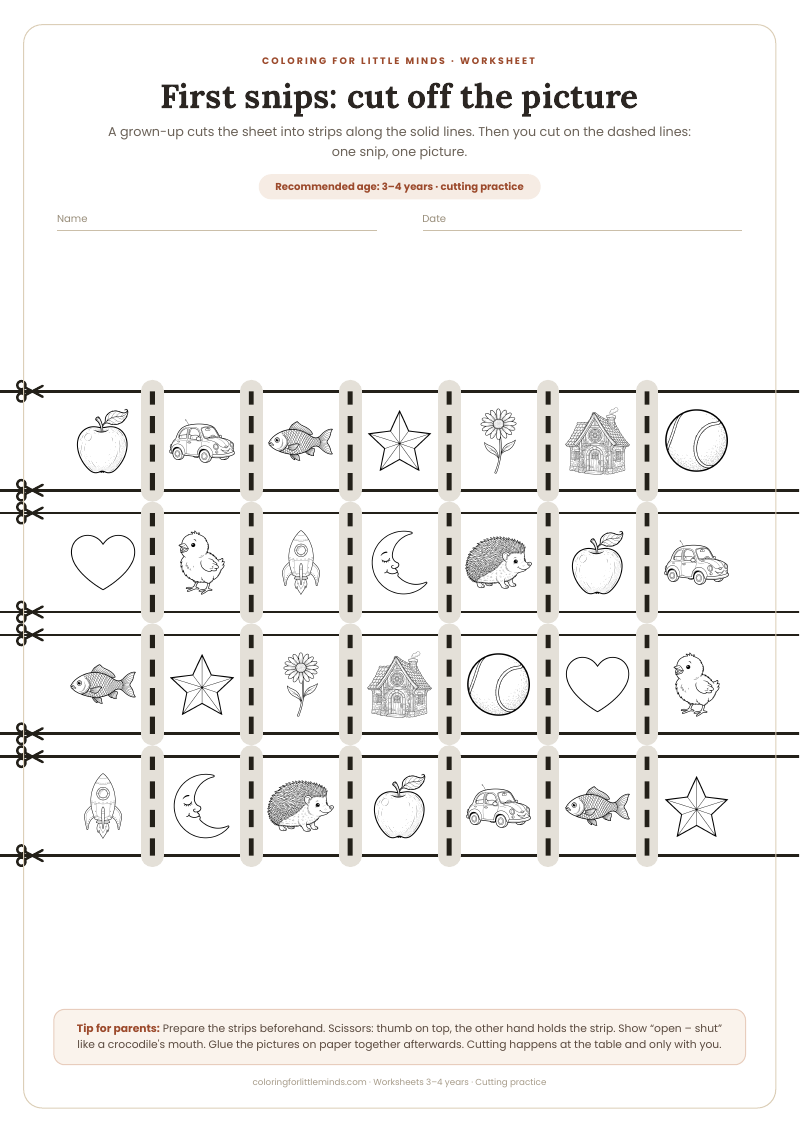 First snips: cut off the picture – worksheet for ages 3–4, preview