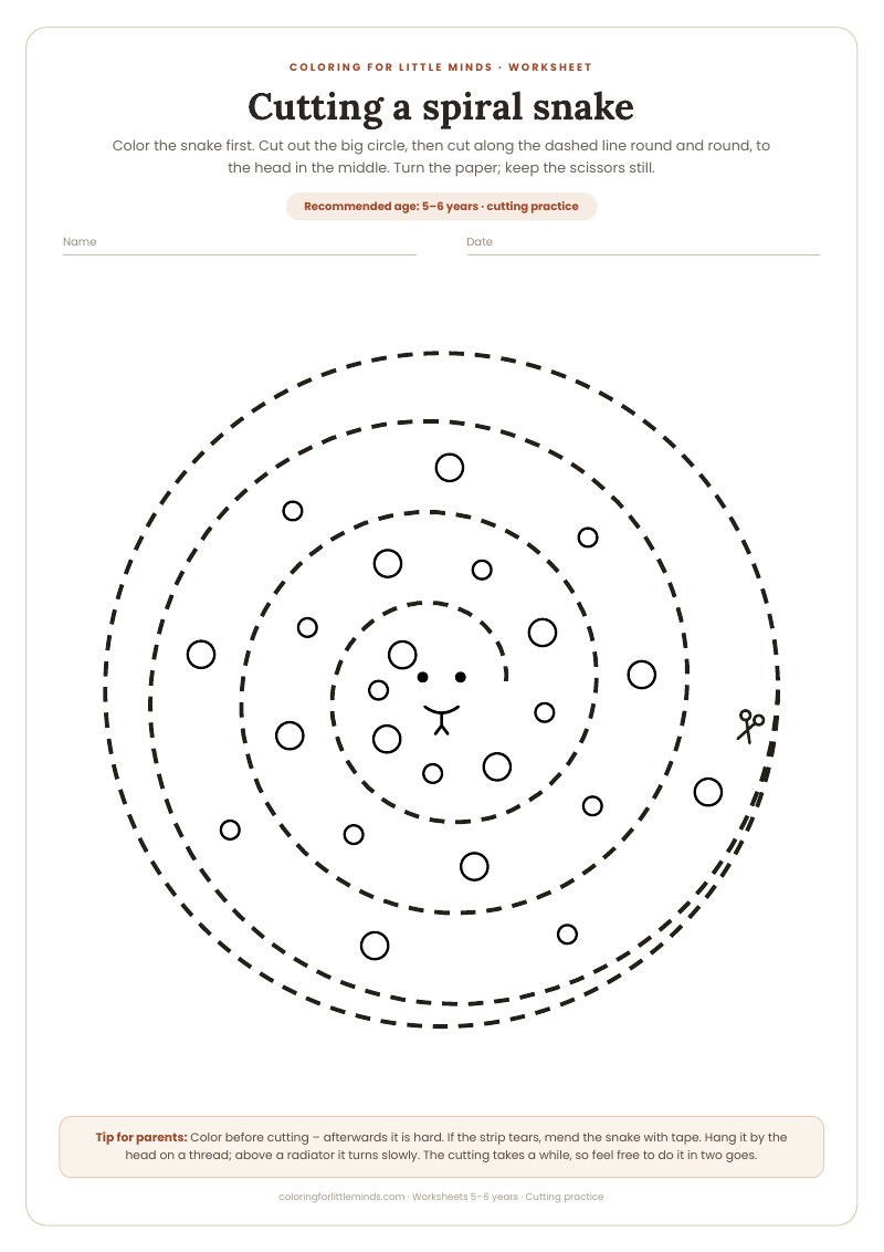 Cutting a spiral snake – worksheet for ages 5–6, preview