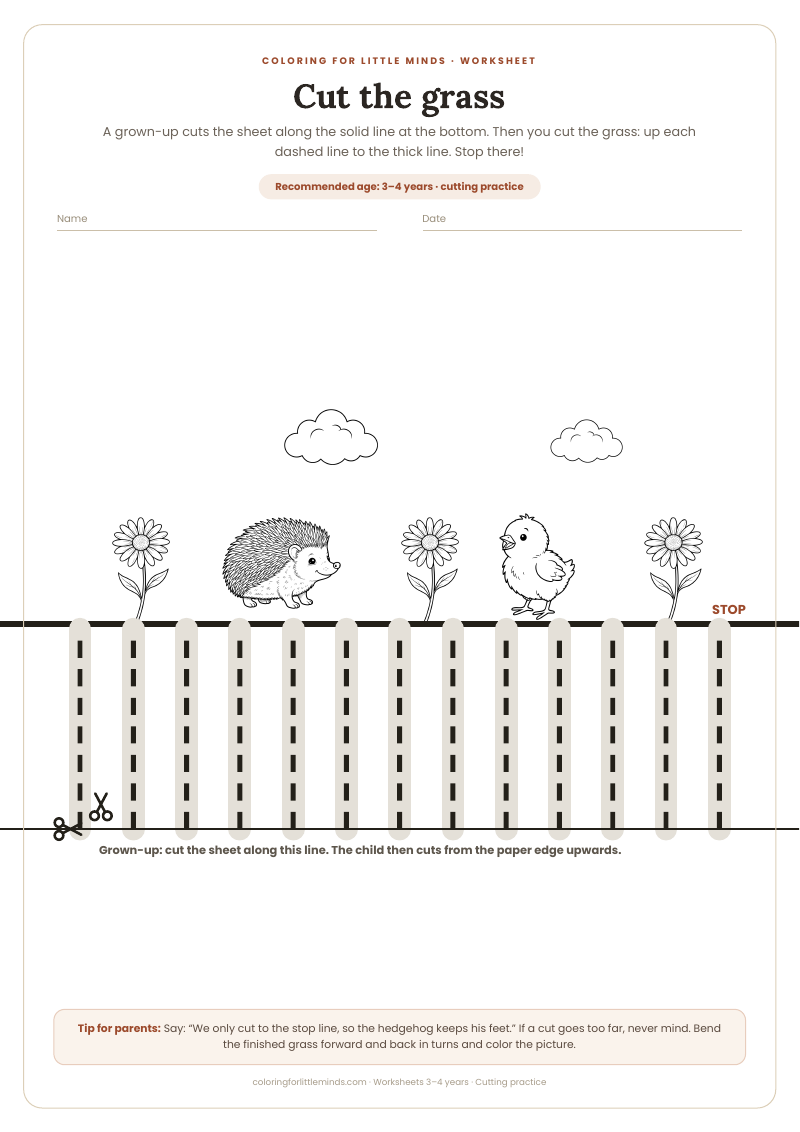 Cut the grass – worksheet for ages 3–4, preview