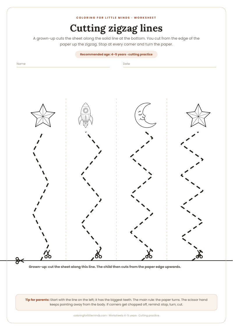 Cutting zigzag lines – worksheet for ages 4–5, preview