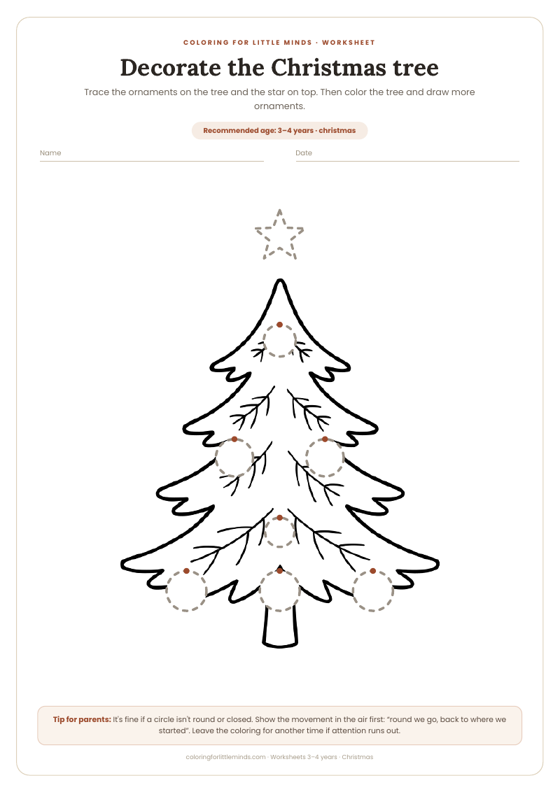 Decorate the Christmas tree – worksheet for ages 3–4, preview