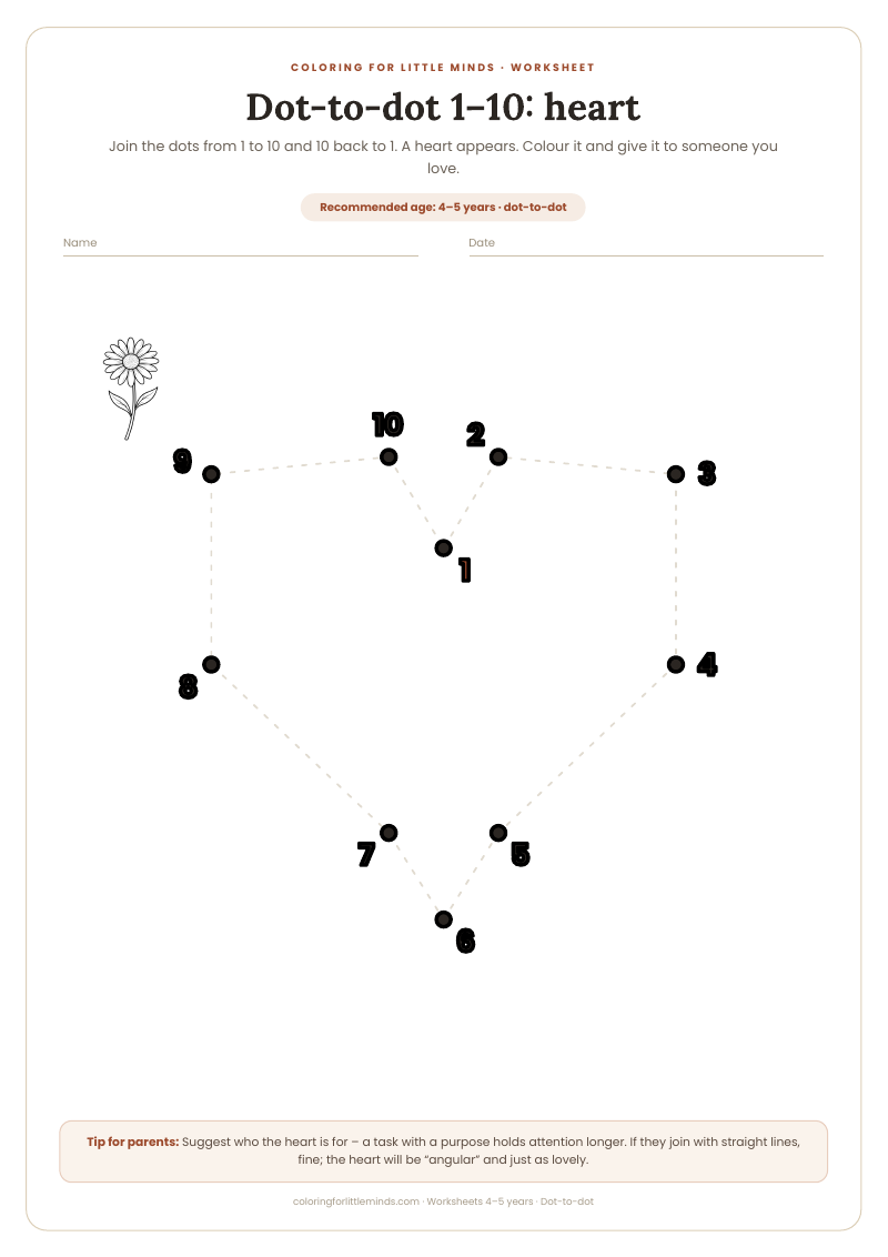 Dot-to-dot 1–10: heart – worksheet for ages 4–5, preview