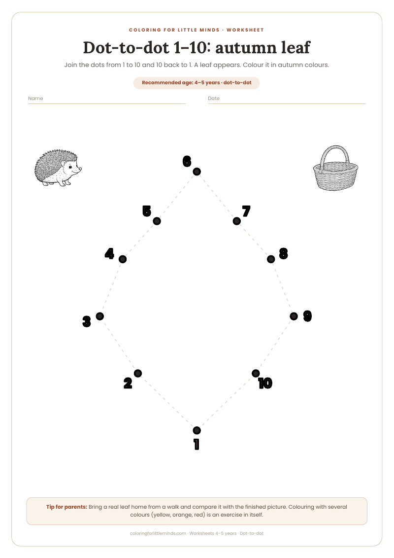 Dot-to-dot 1–10: autumn leaf – worksheet for ages 4–5, preview