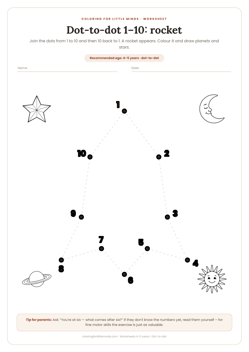Dot-to-dot 1–10: rocket – worksheet for ages 4–5, preview