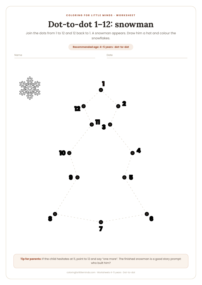 Dot-to-dot 1–12: snowman – worksheet for ages 4–5, preview