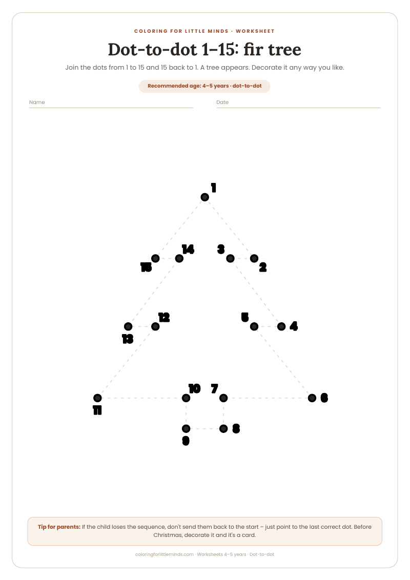 Dot-to-dot 1–15: fir tree – worksheet for ages 4–5, preview