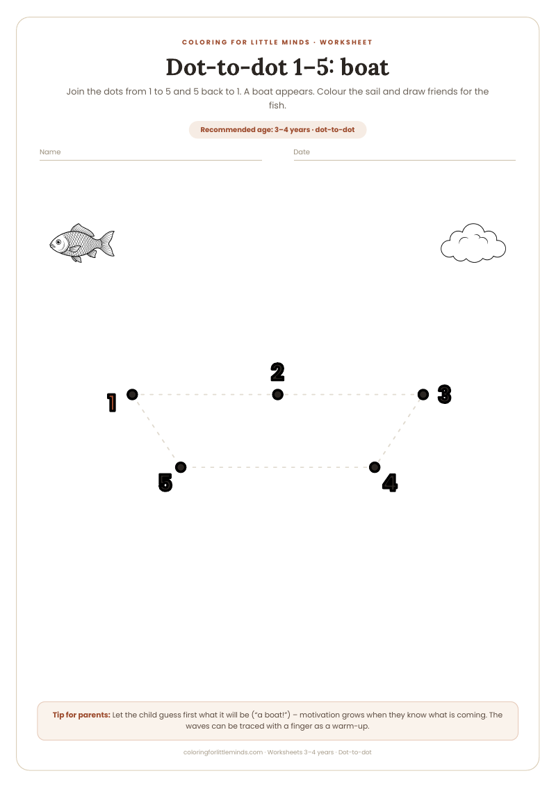 Dot-to-dot 1–5: boat – worksheet for ages 3–4, preview